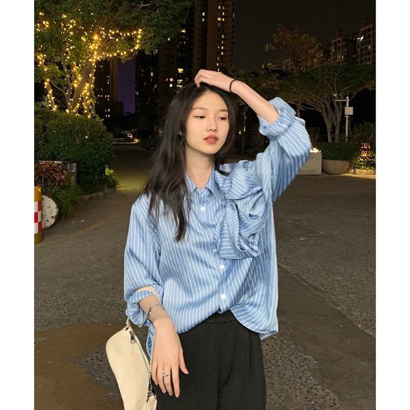 Casual Blue Striped Shirts For Women Lapel Long Sleeve Korean Bowknot Patchwork Blouses - Mubimart