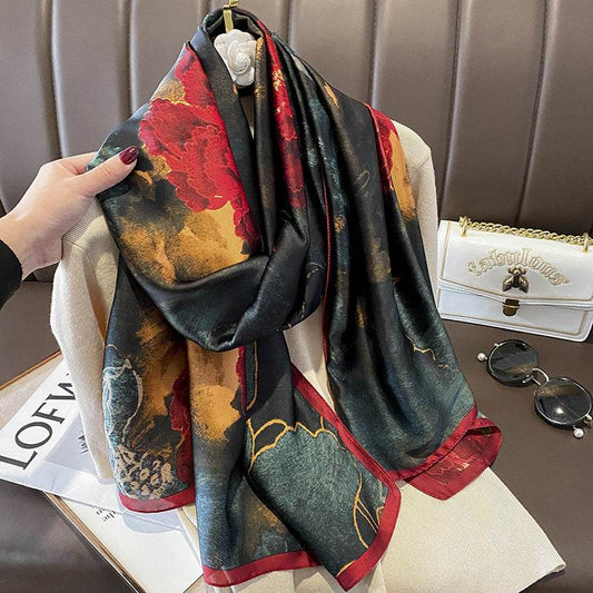 Flower Lightweight Sunscreen Imitated Silk Scarves - Mubimart