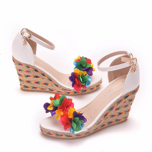 Colorful Flower Fish Mouth Wedge Sandals White Wedge Sandals - Mubimart