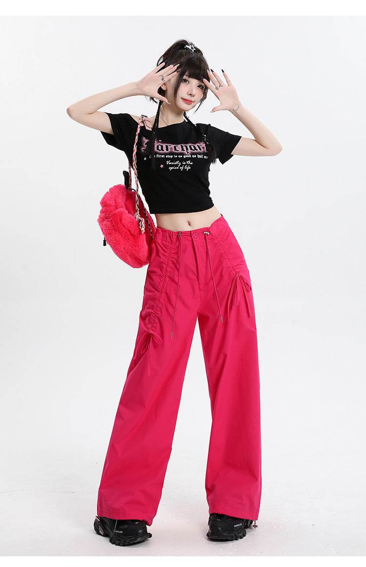 Straight Cargo Pants Women Bow Drawstring Wide Leg Track Pants - Mubimart