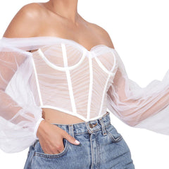 Net Yarn One-shoulder Herringbone Corset Long-sleeved Top - Mubimart -  