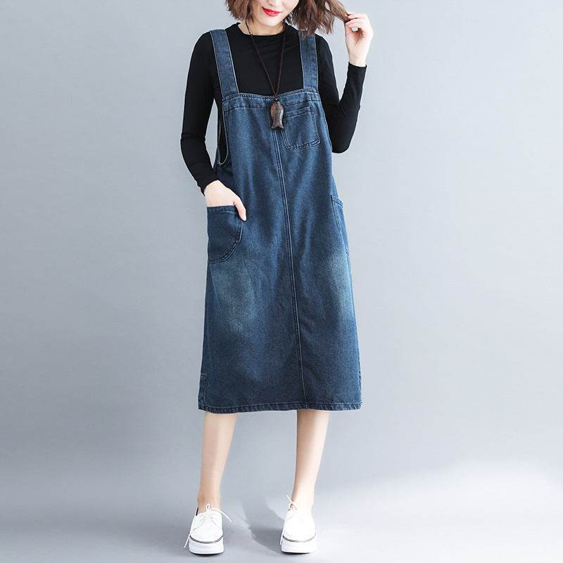 Women's Plus Size Denim Strap Pocket Literary Retro Dress - Mubimart