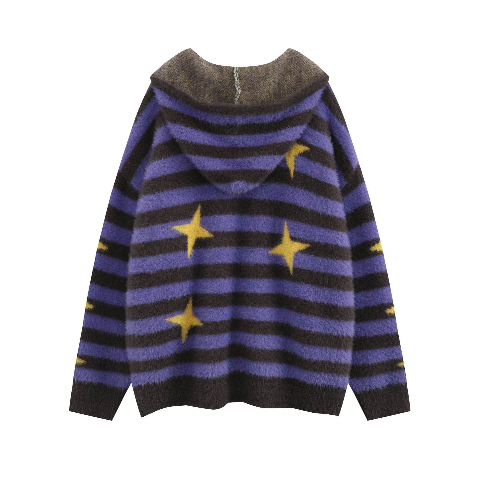 Idle Style Loose Red Striped Hooded Zip Cardigan Sweater Coat - Mubimart