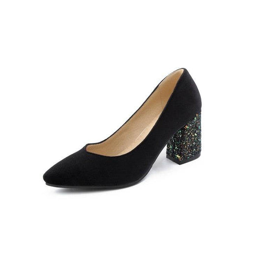 Women's Sequined Chunky High-heeled Pointed Pumps - Mubimart