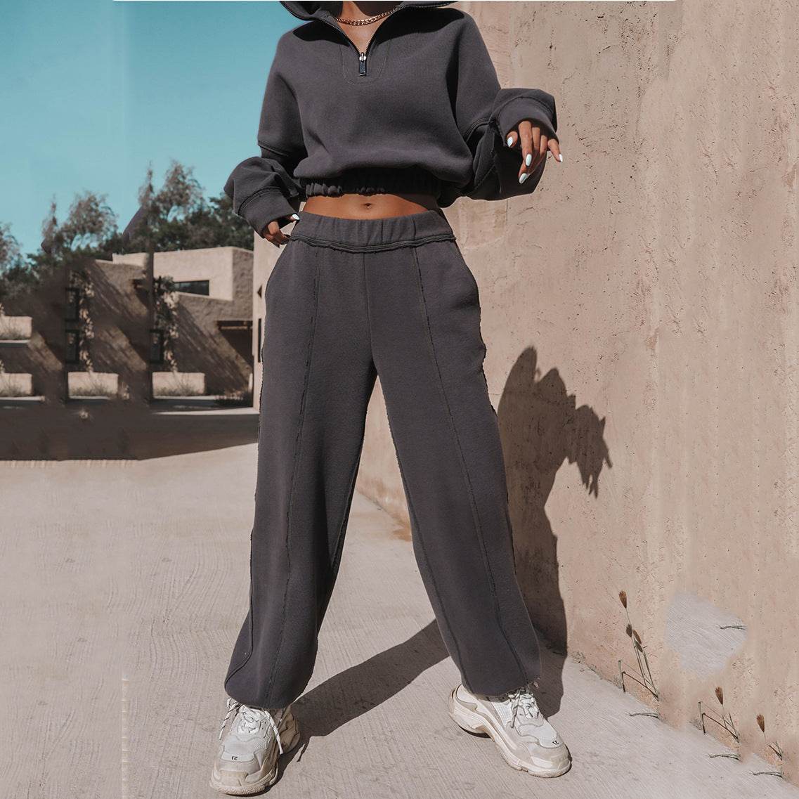 Long Sleeve Sweatshirt Stand Up Zipper Short Top With Loose Straight Leg Pants Women's Clothing - Mubimart