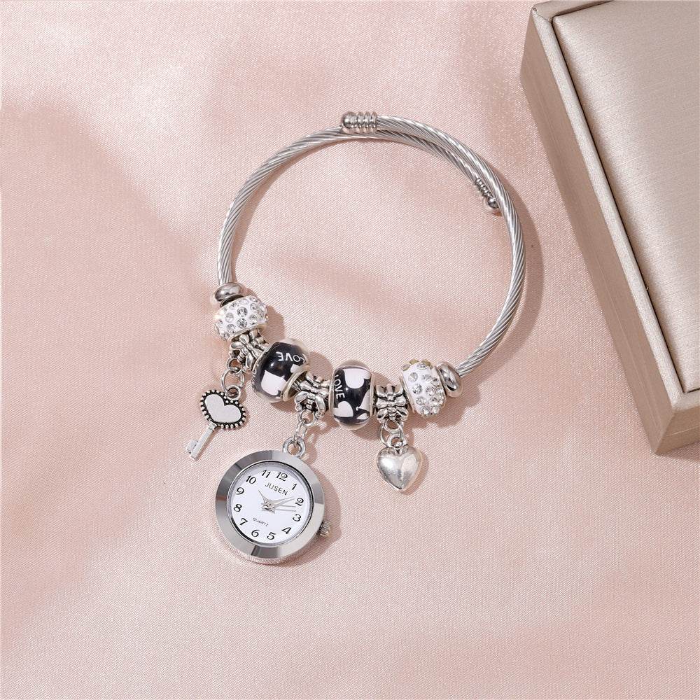 Women Bangle Watch Love Heart Key Pendant Quartz Women Bangle Watch - Mubimart
