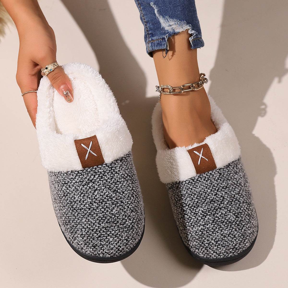 Winter Plush Slippers Fashion Thick Bottom Warm House Shoes For Women Men Indoor Bedroom Floor Slipper - Mubimart