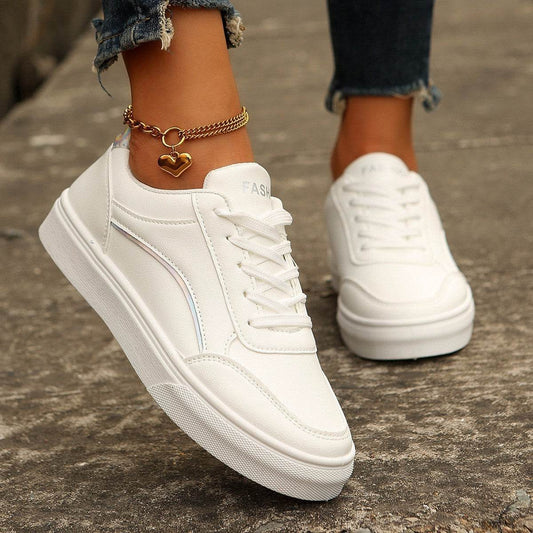 Lace-up White Flats Shoes Fashion Round Toe Slip-on Thick Sole Casual Shoes For Women - Mubimart