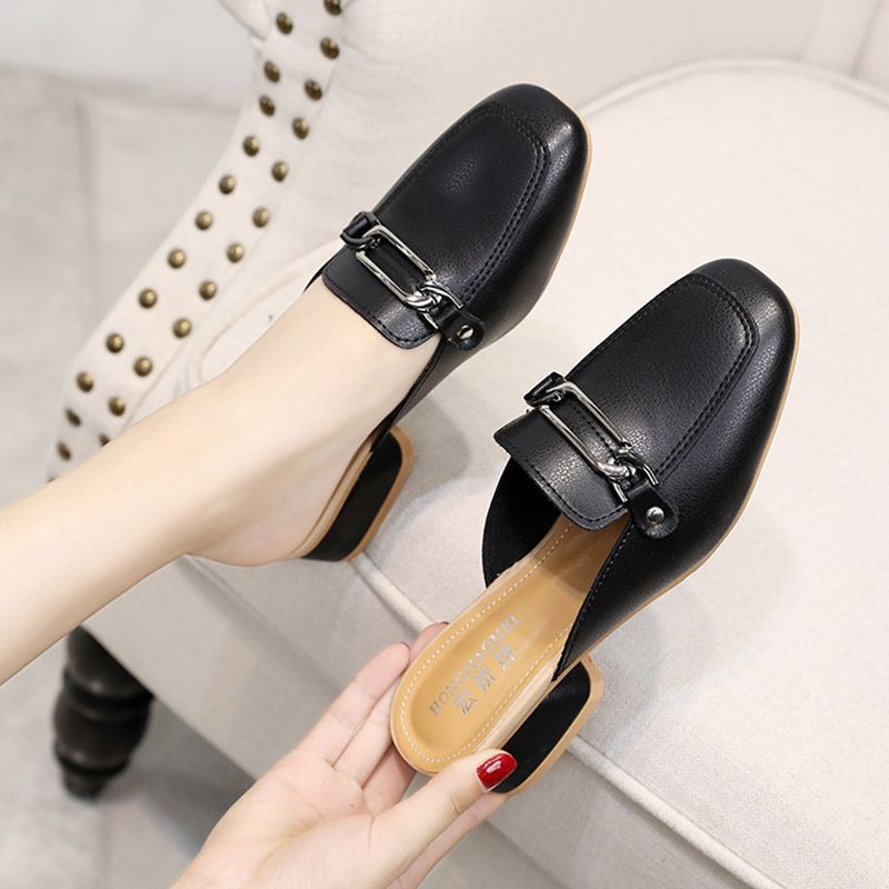 Square Toe Chunky Heel Mules Shoes Comfortable Women's Slippers