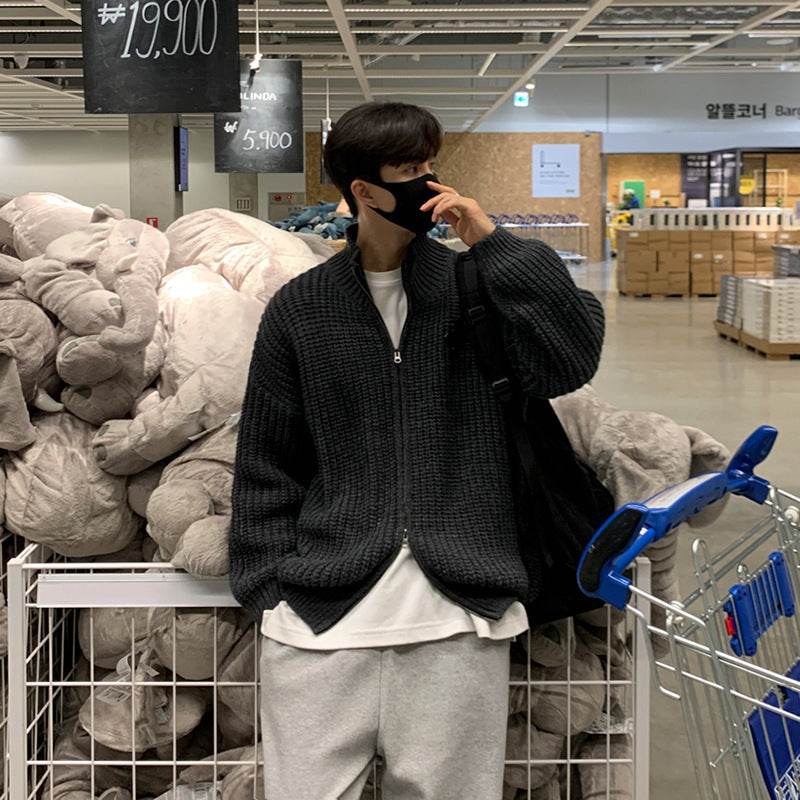 Half-high Neck Zip Knit Cardigan - Mubimart