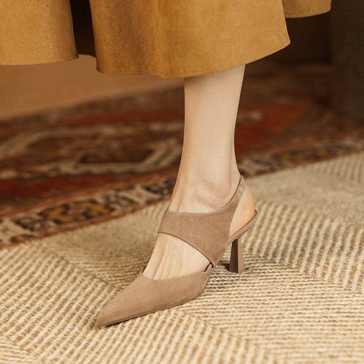 French Retro Pointed Toe Low-cut High Heels Closed Toe Slingback Sandals - Mubimart