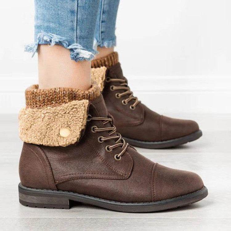 Frilled Booties With Front Lace Up And Low Heels - Mubimart