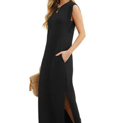 Summer Sleeveless Slit Dress With Pockets Casual Loose Long Dresses For Womens Clothing - Mubimart -  