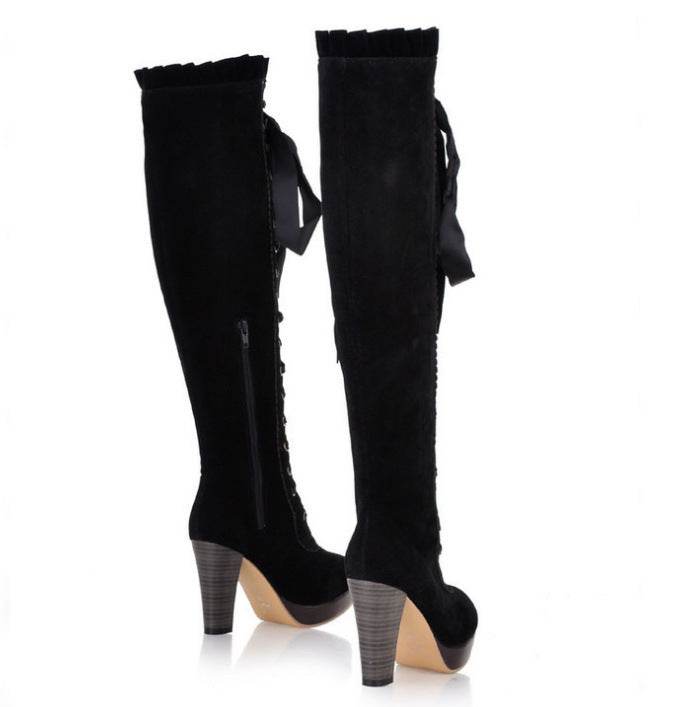 Velvet Strappy High Heels Tall Boots For Women - Mubimart