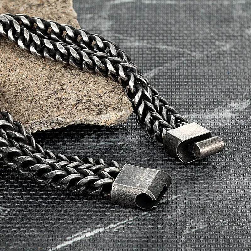 Black Vintage Mens Bracelet Punk Double Chain Stainless Steel - Mubimart