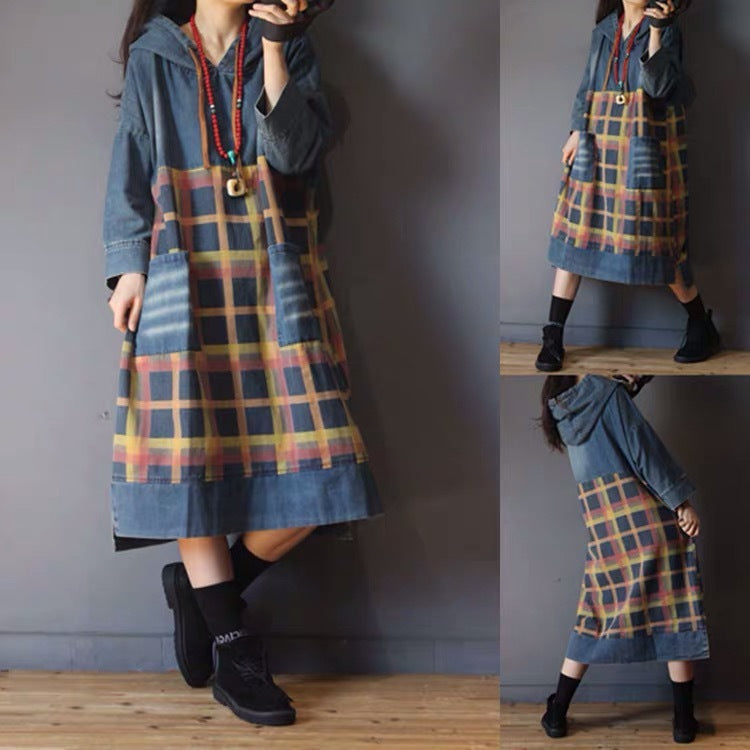 Spring And Autumn New Retro Hooded Plaid Blocks Mid-length Denim Dress For Women Versatile Casual Loose Plus Size - Mubimart - Denim Dress 