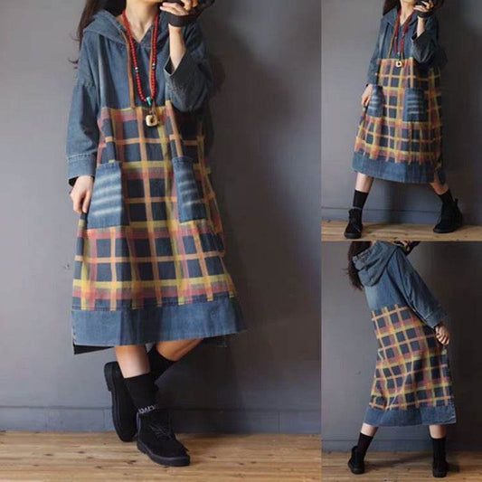 Spring And Autumn New Retro Hooded Plaid Blocks Mid-length Denim Dress For Women Versatile Casual Loose Plus Size - Mubimart