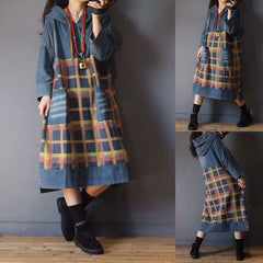 Spring And Autumn New Retro Hooded Plaid Blocks Mid-length Denim Dress For Women Versatile Casual Loose Plus Size - Mubimart - Denim Dress 