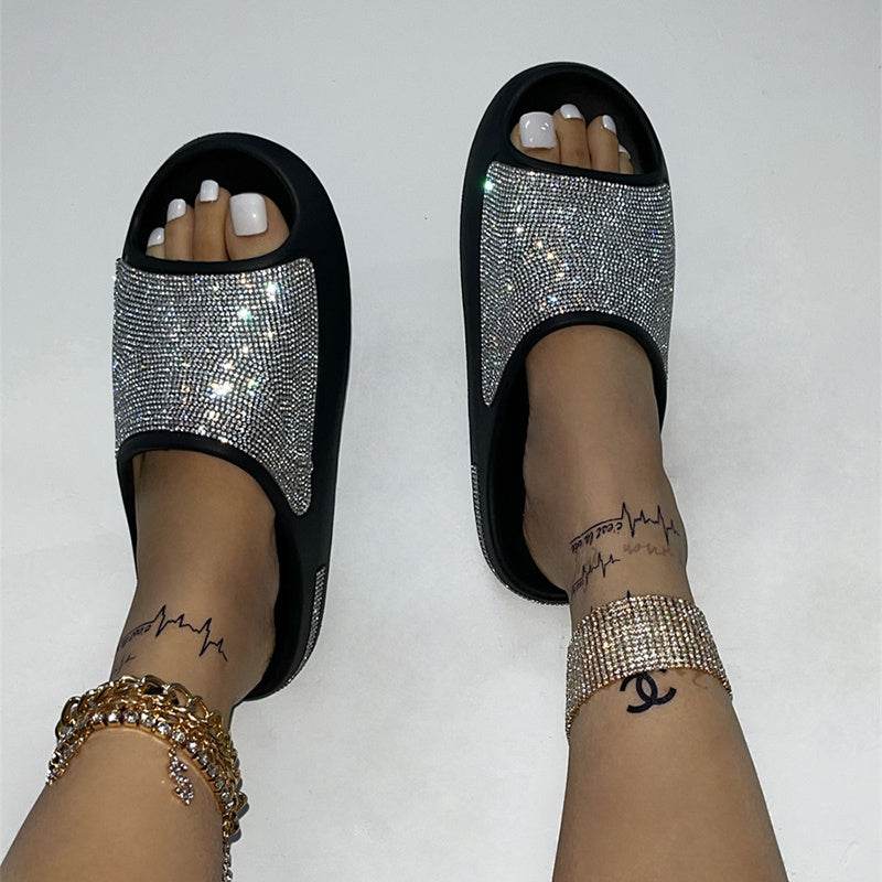 Rhinestone Slippers Women PeepToe Thick Sole Shoes Fashion Slides Summer - Mubimart