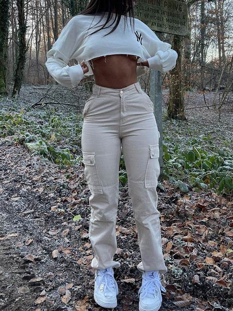 Straight Leg Cargo Pants Women High Waist Casual Baggy Pants - Mubimart