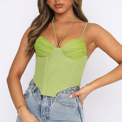 Halterneck Corset Cropped Top V-Neck Fishbone Vest - Mubimart - Corset top 