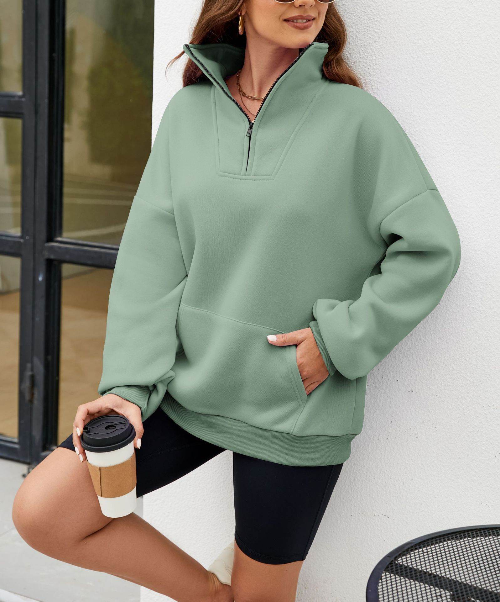 Y2K Solid Color Stand Collar With Pocket Zipper Sweatshirt Casual Sports Loose Top Women's Clothing - Mubimart
