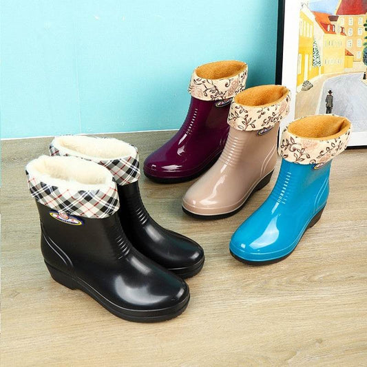 Work Wear Waterproof Fleece-lined Stylish Rain Boots Women - Mubimart
