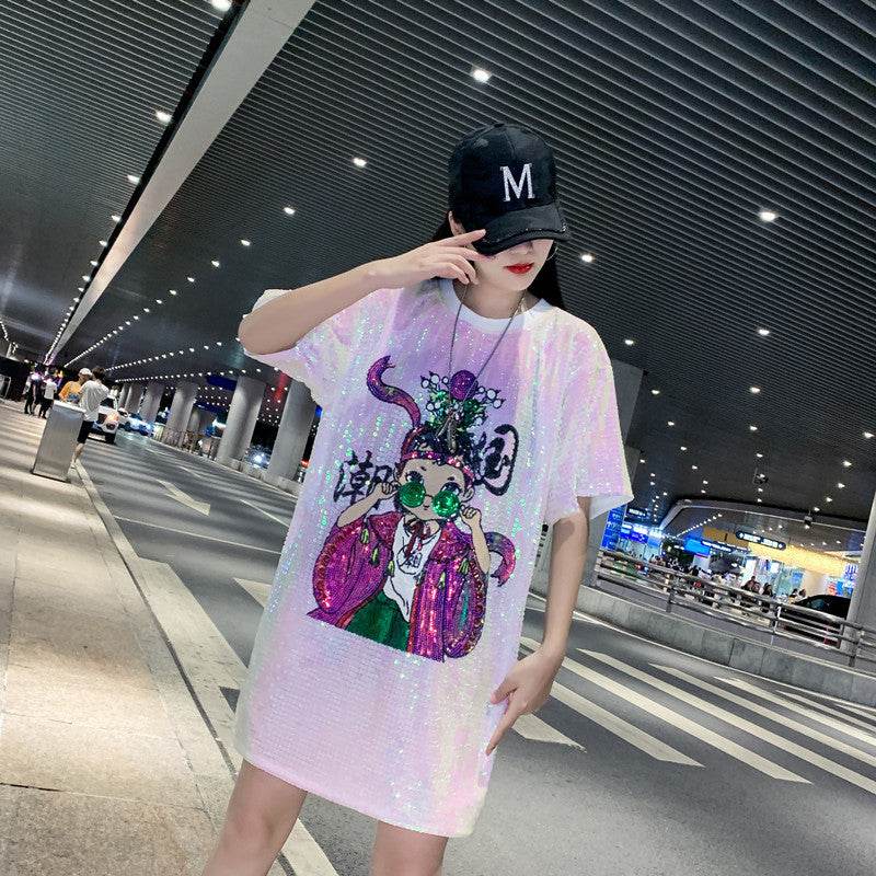 Summer New Plus Size Women's Loose Beaded Sequined T-shirt Dress - Mubimart