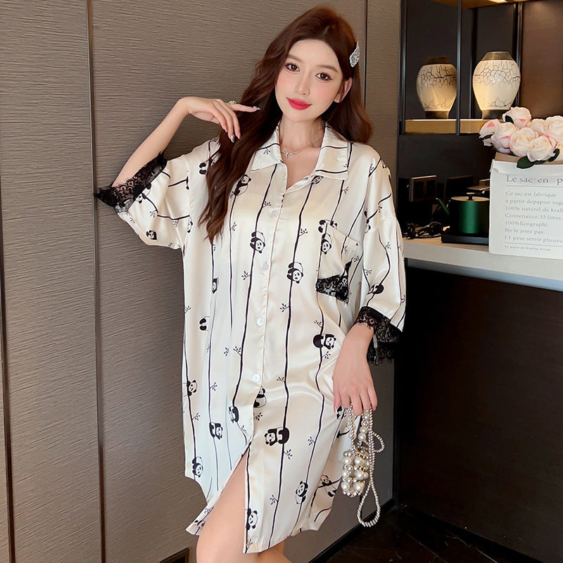 Striped Shirt Dress Short Sleeve Plus Size Loose Pajamas For Women - Mubimart -  