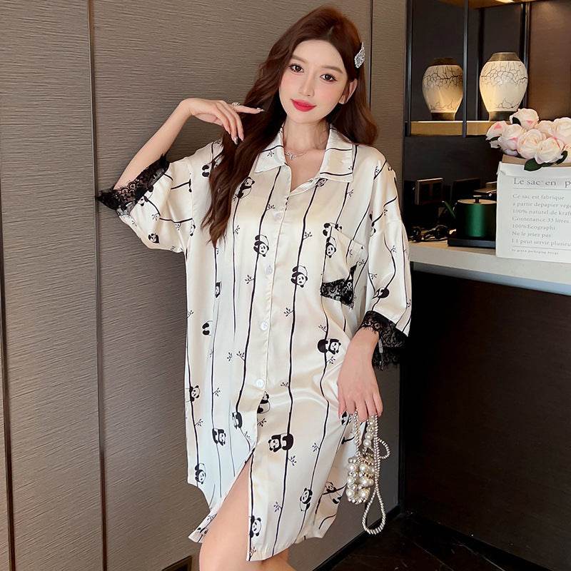 Striped Shirt Dress Short Sleeve Plus Size Loose Pajamas For Women - Mubimart