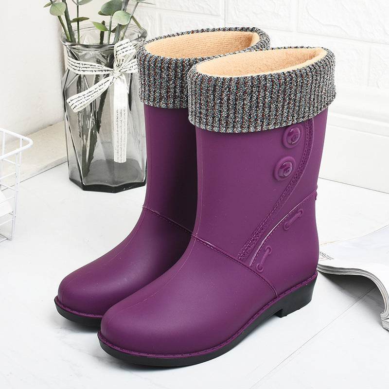 Fashion Velvet Padded Rain Boots Women Warm Knee-high Rain Boots - Mubimart
