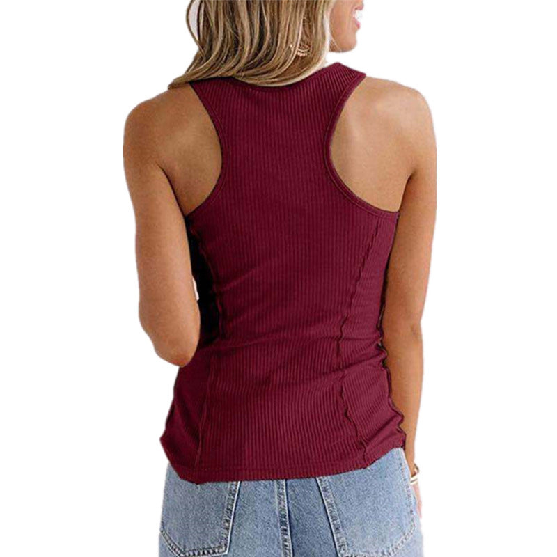 Solid Color Button Sleeveless Tank Top T Shirt Women - Mubimart -  