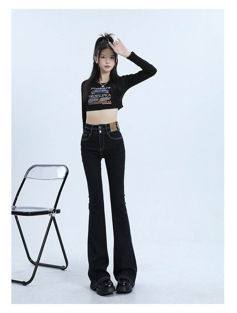 High Waist Slimming Hot Girl Double Buckle Slightly Flared Jeans Women - Mubimart
