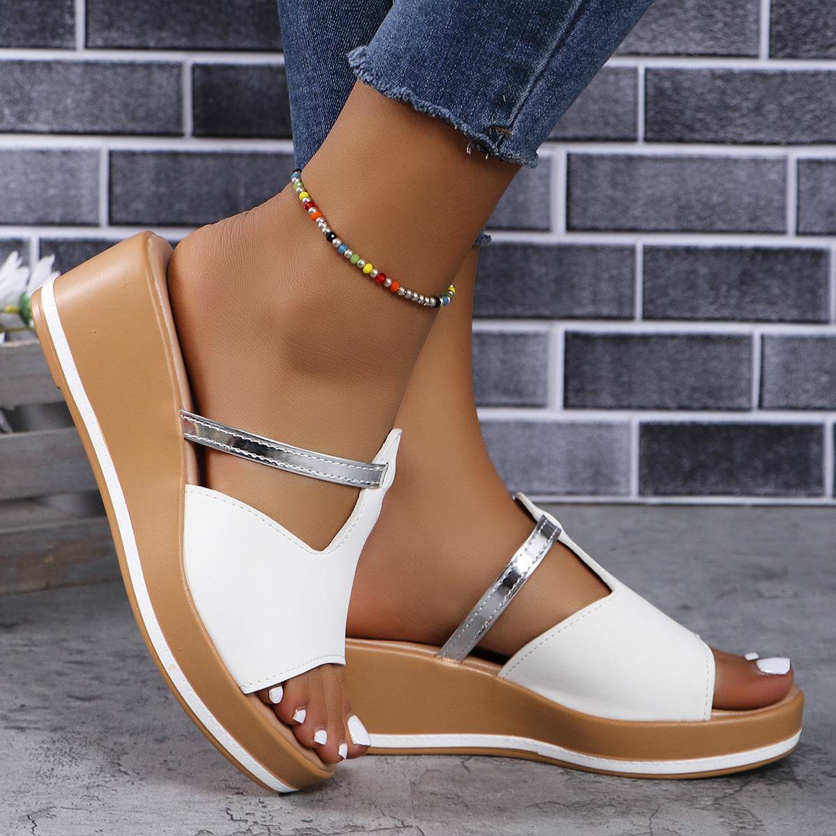 Summer Peep-toe Wedges Sandals Casual Thick Sole Heightening Slippers Fashion Outdoor Slides Shoes Women - Mubimart
