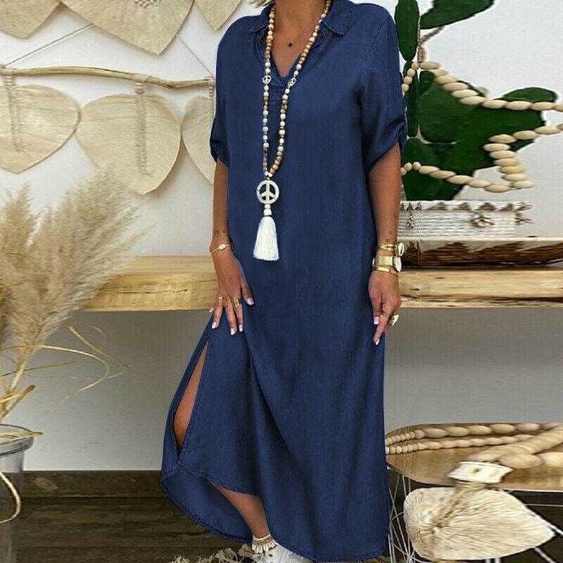 Solid Color Plus Size Dress With V-neck Denim Dress - Mubimart
