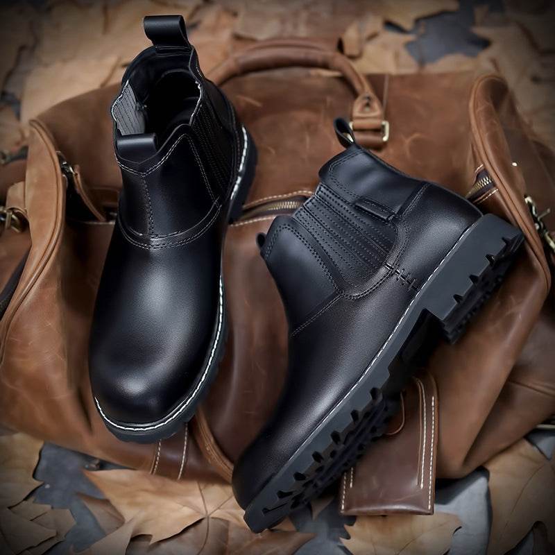 Men Leather Ankle Boots Round Toe Hiking Shoes - Mubimart