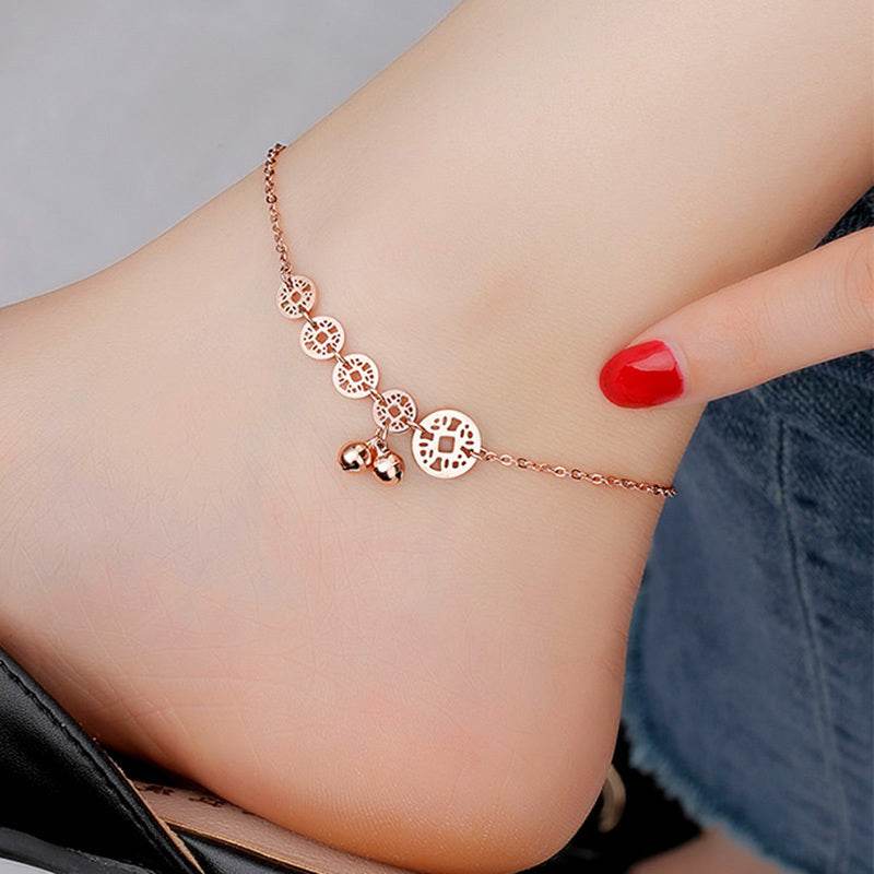 Rose Gold Bells Anklet Boho Stainless Steel Coin Charms Chain Anklets - Mubimart