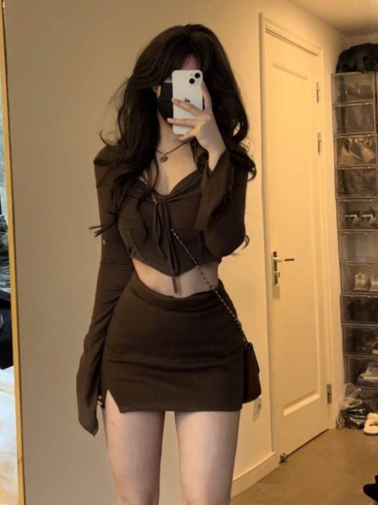 Top Long Sleeve Short Dress Young Wear Brown Two-piece Suit - Mubimart