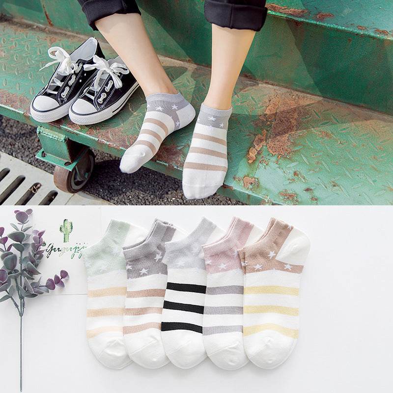 Star Stripe Breathable Low-cut Invisible Cotton Socks - Mubimart