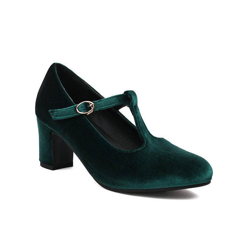 Fashion Women's Gold Velvet Chunky Heel T Buckle Lace-up High Heels - Mubimart