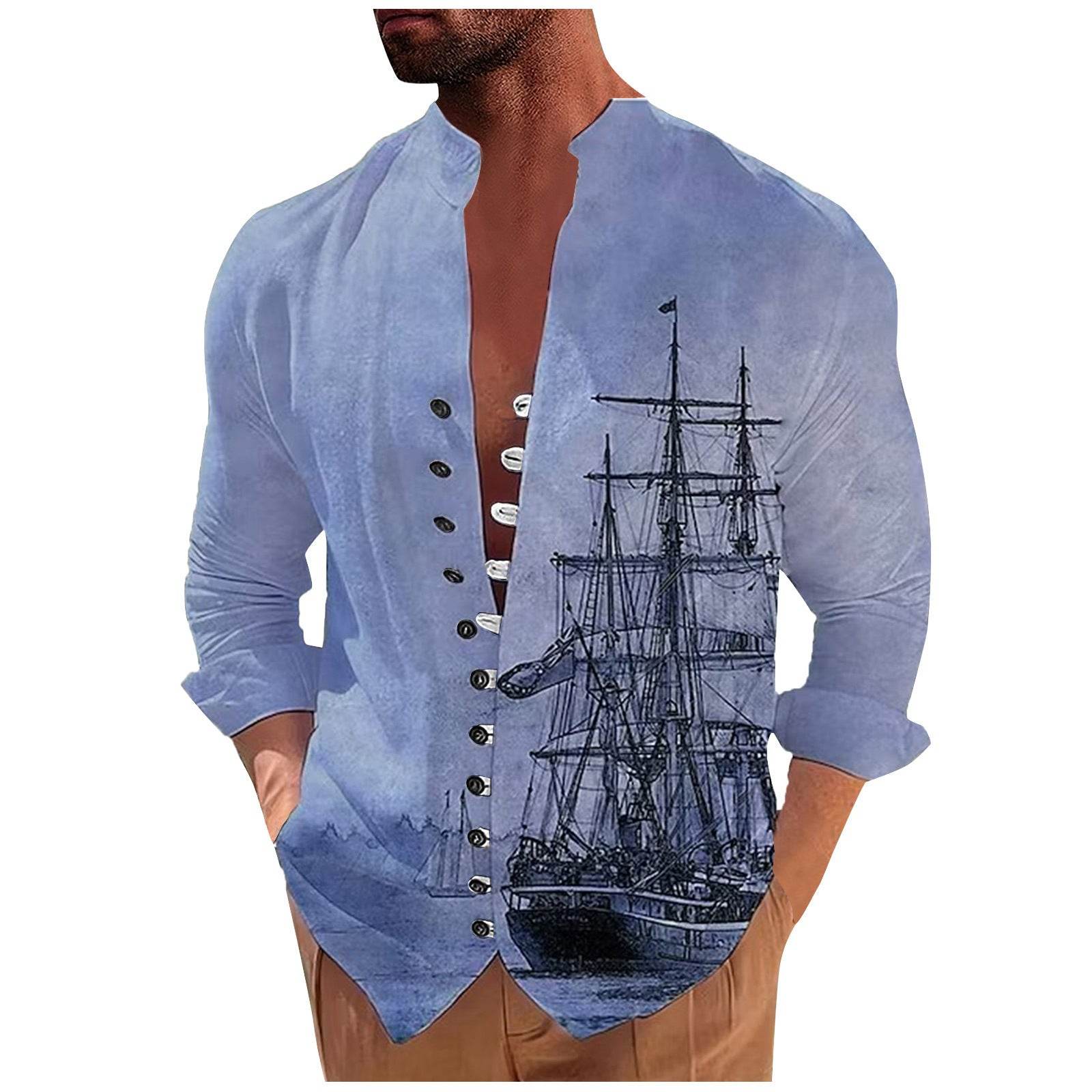 Men's Fashion 3D Vintage Print Sailboat Stand Collar Long Sleeve Button-down Shirt - Mubimart