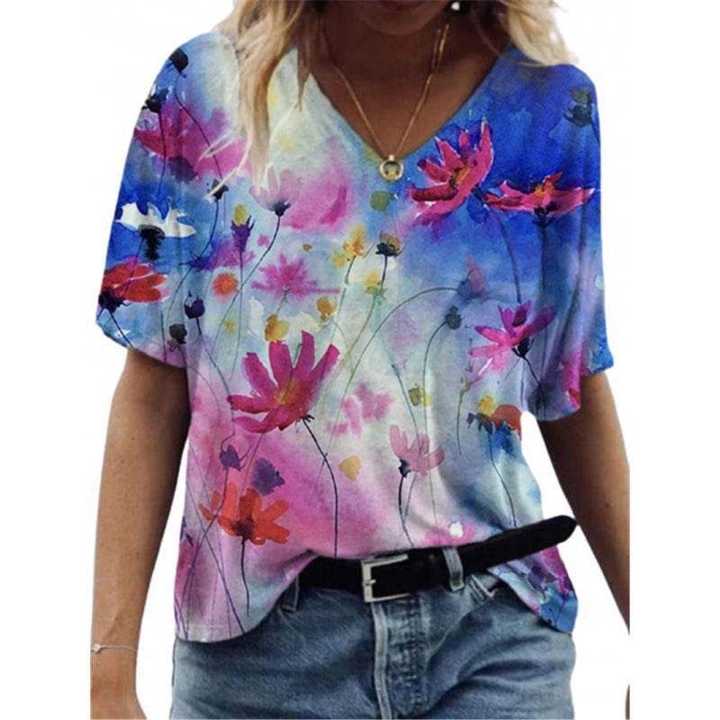 Flower Painting Printed T-shirt For Women - Mubimart