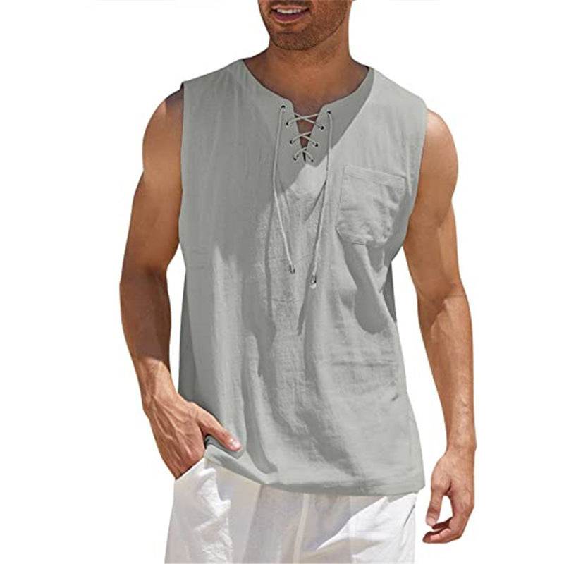 Summer Tank Vest Men Shirt Collar Tie Short Sleeve T-Shirt - Mubimart