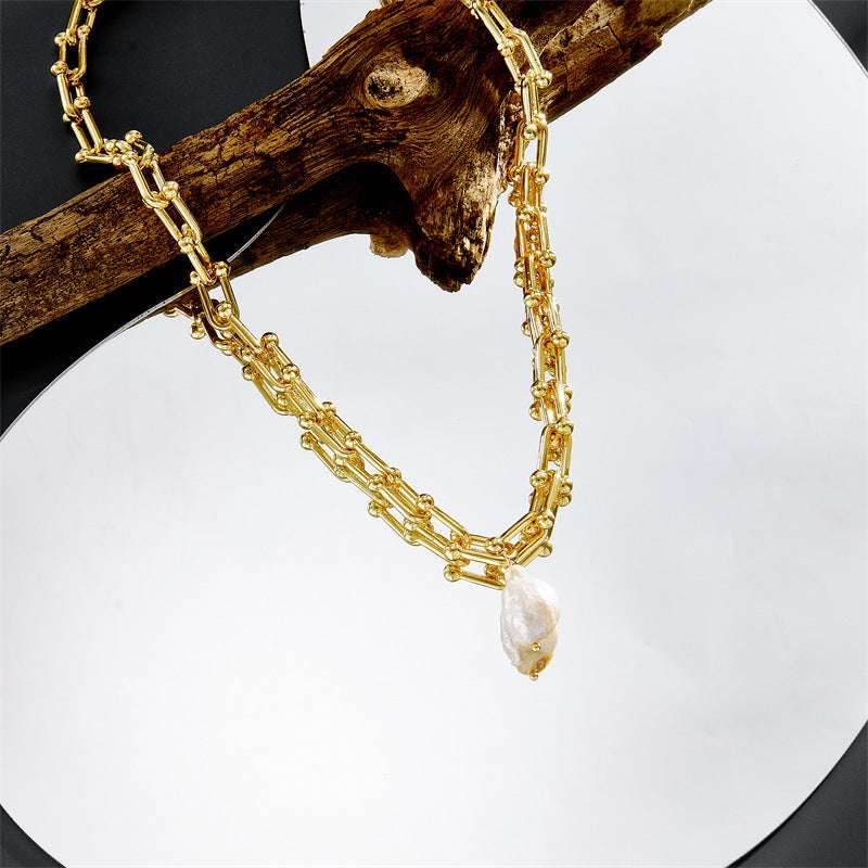 Baroque Pearl Necklace Golden Sweater Chain Women - Mubimart