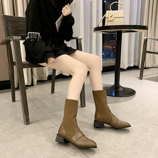 British Style Square Toe Mid-tube Knitted Martin Boots Women - Mubimart
