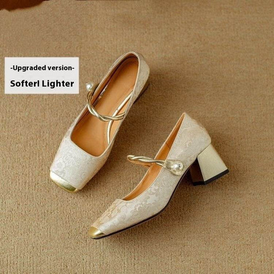 Chinese Style French Entry Lux Embossed Silk Kitten Heels Matching Square Head With Thick - Mubimart