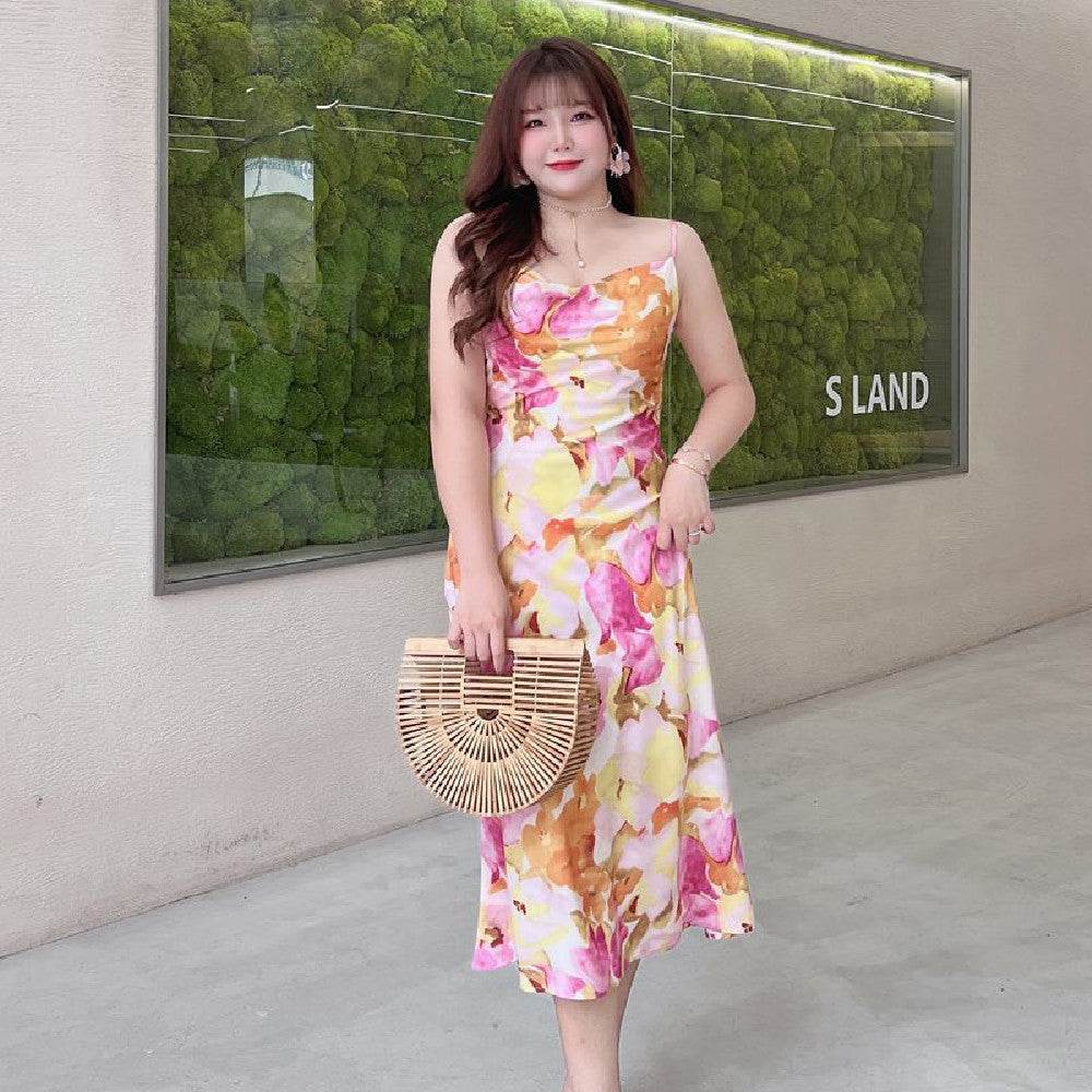 Printed Tulip Slant Collar Slip Dress - Mubimart
