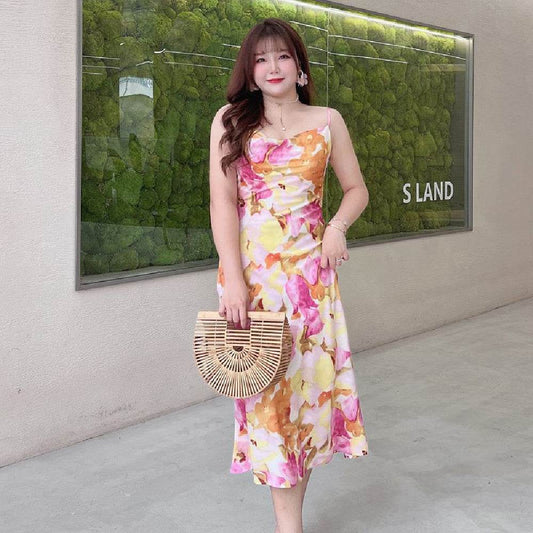 Printed Tulip Slant Collar Slip Dress - Mubimart