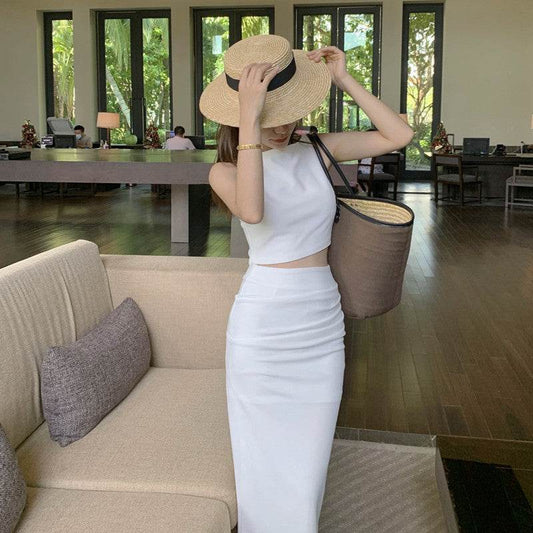 Plain White Sleeveless Cut Out Formal Dress - Mubimart