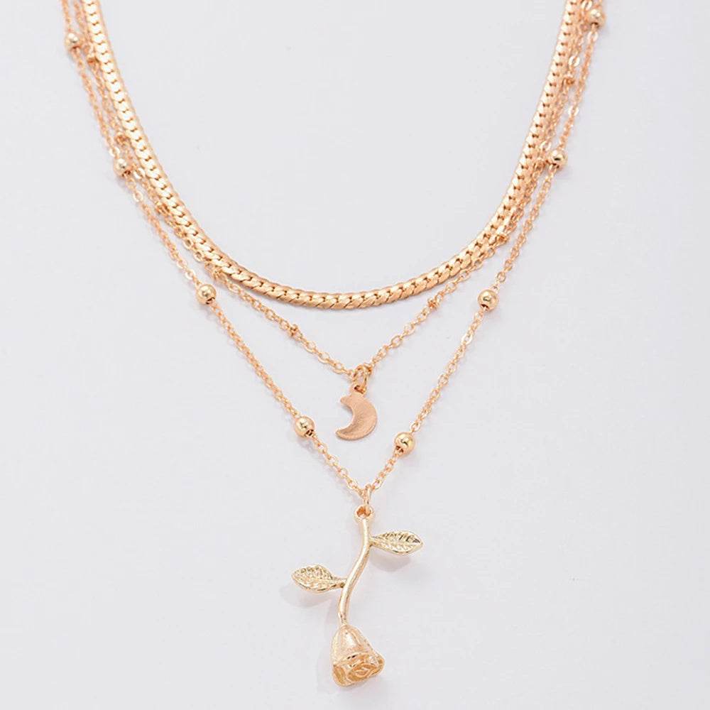 Bohemia Multilayer Moon Gold Color Pendant Necklaces For Women Rose Flower Choker Necklace 2025 Fashion Jewelry Party Gift Valentine's Day Gifts - Mubimart